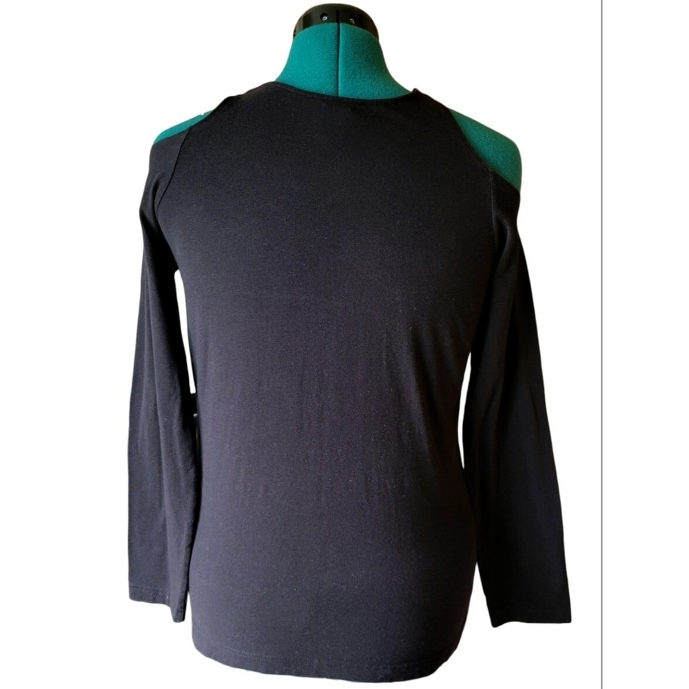 Joan Vass Cold Shoulder Top Women 1/S Black Cotton Spandex Long Sleeve Crew Neck - Picture 3 of 6
